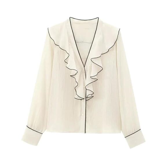 Elie Tahari cream blouse with black piping size XS - Picture 1 of 6